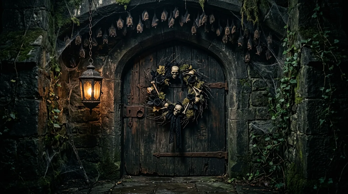 Use layered pumpkins instead of a single cluster inspiration for a Halloween front door entrance.